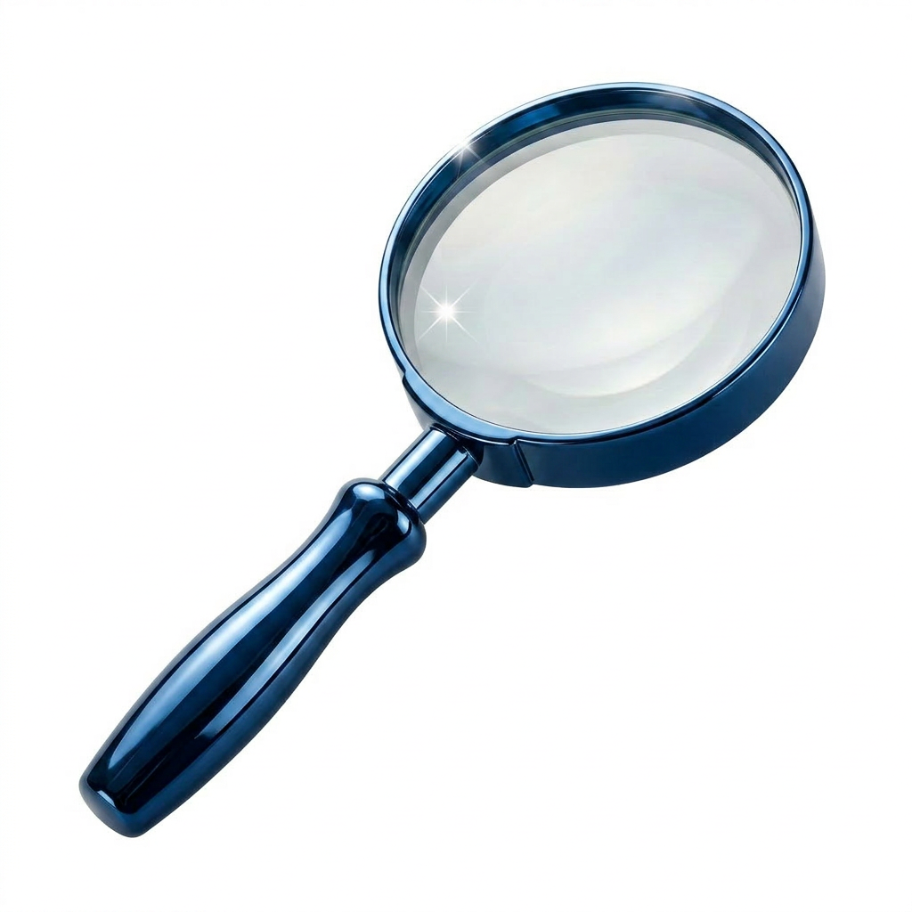 Handheld magnifying glass with 10x lens Blue handheld magnifying glass with 10x optical zoom on white background